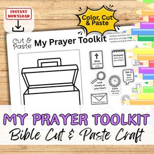 May include: A printable "My Prayer Toolkit" craft sheet with a toolbox outline and various elements like a Bible, notepad, and clock. Includes the text "Color, Cut & Paste" and "Instant Download".