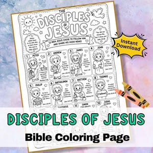 DISCIPLES OF JESUS Bible Coloring Page Activity for kids - Sunday School.  Printable Jpg Craft Worksheet. Instant Download