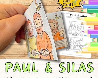 Könnte beinhalten: Ein Bastelprojekt für Kinder mit dem Titel "Paul & Silas Lift the Flap Bible Craft". Das Bild zeigt eine farbenfrohe Illustration von Paul und Silas mit Text aus Apostelgeschichte 16:25-26. Die Worte "Colour Cut Craft" sind in einem gelben Stern.