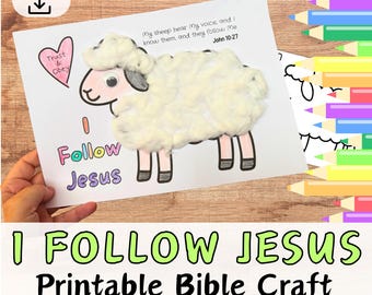 May include: A printable Bible craft featuring a sheep made with cotton balls. The image includes the text "I Follow Jesus" and a Bible verse. A pink heart with "Trust & Obey" is also visible. The craft is designed for instant download.