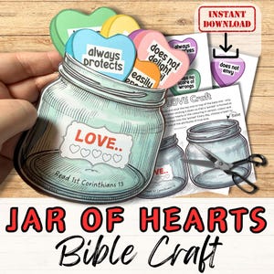 Manualidad bíblica con tarro de corazones para niños. Kit para escuela dominical, grupo de jóvenes de la iglesia y educación en el hogar. Tarro de dulces. Plan de lección de papel para hacer uno mismo.
