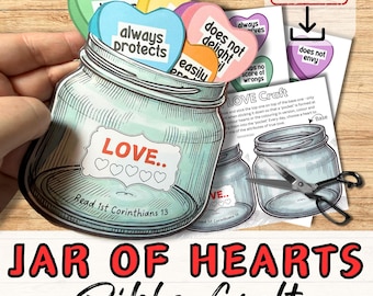 子ども向けの JAR of HEARTS 聖書愛クラフト アクティビティ。日曜学校/教会の青年グループ/ホームスクール キット。キャンディ ジャー。DIY ペーパー レッスン プラン。