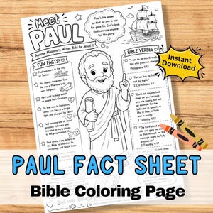 Op de afbeelding: Een zwart-wit printbaar activiteitenblad getiteld Meet Paul, met een centrale illustratie van de apostel Paulus die een boekrol vasthoudt, omringd door leuke weetjes, bijbelverzen, een scheepsafbeelding en een geel sterpictogram Instant Download.