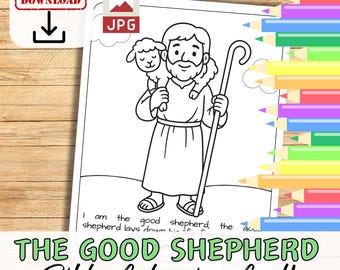 May include: Black and white line art of a shepherd carrying a lamb, with a staff. The text "THE GOOD SHEPHERD Bible Colouring Craft" is at the bottom. Includes an "INSTANT DOWNLOAD" icon.