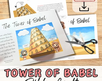May include: A printable craft activity for kids featuring the Tower of Babel story from the Bible. The craft includes a 3D tower, characters, and speech bubbles. The instructions are included on the page.  The text reads "The Tower of Babel Craft" and "?!#!?"