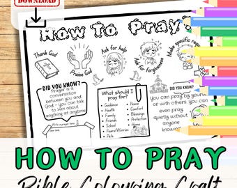 Può includere: Una pagina da colorare stampabile in bianco e nero con illustrazioni di bambini che pregano e una chiesa. La pagina include il testo "Come pregare" e "Artigianato di colorazione biblica".