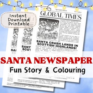 SANTA CRASH LANDS in Schotland, VK, kerstkrant, stijlverhaal en kleurplaat voor kinderen afdrukbare pdf