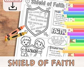 Puede incluir: Una lección imprimible en blanco y negro para niños titulada "Escudo de la Fe", con un diseño de escudo con texto e ilustraciones religiosas. Incluye crayones y lápices de colores.