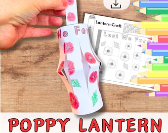 POPPY PAPER LANTERN Remembrance Craft Activity for Kids. Nursery/Childminder/Sunday School/Homeschool. Diy Coloring Page Art Kit Project
