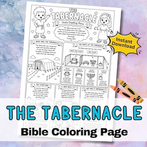 Könnte beinhalten: Eine schwarz-weiße pädagogische Malvorlage mit dem Titel The Tabernacle God's Dwelling Place, die Illustrationen von Kindern, einem Zelt, der Bundeslade, einem goldenen Leuchter und beschreibenden Text über biblische Geschichte und Struktur enthält.