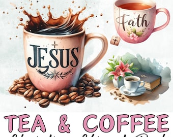 Clipart de JESÚS Y CAFÉ/TÉ. Pegatinas cristianas de diario basura con fe bíblica. Tazas/vasos. Imágenes PNG transparentes de 300 ppp. Clip art para uso comercial.