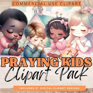Clipart fofo de crianças rezando. Gráficos de escola dominical cristã de diário de lixo Imagens PNG transparentes de 300 dpi de alta qualidade para uso comercial Clip Art