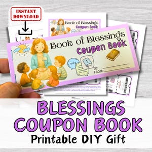 May include: A printable DIY gift, a "Book of Blessings Coupon Book" with a light purple border. The cover features an illustration of a teacher and children. The text "Instant Download" is in the top left corner.