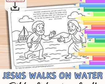 JESUS & PETER Walk on WATER Bible Verse Coloring in Sheet Activity for kids youth Sunday School Christian Story Miracle Printable Craft Page