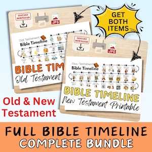 May include: A bundle of printable Bible timelines, including Old and New Testament versions. Each timeline features illustrations and text, with the words "Bible Timeline" prominently displayed. The image includes download icons and the text "Get Both Items."