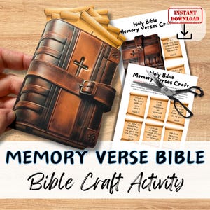 May include: A printable craft activity for kids to make a Bible with memory verses. The craft includes a brown leather-bound Bible with a cross on the cover and a sheet of paper with eight squares, each containing a different Bible verse.