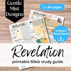 May include: Printable Bible study guide for the Book of Revelation. The guide includes a map of Asia Minor, a timeline of events, and a breakdown of the seven churches. The guide is designed for personal study or group discussion.