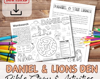 DANIEL & the LIONS DEN Bible Story and Activity Sheet for kids. Church Sunday School Lesson Plan. Christian Printable Pdf