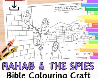May include: Black and white line art coloring page featuring a biblical scene of Rahab and the spies. The image includes text that reads "RAHAB & THE SPIES Bible Colouring Craft" and "INSTANT DOWNLOAD". A woman lowers a man from a window.