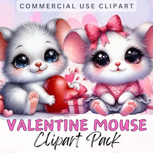 Paquete de imágenes prediseñadas de RATÓN LINDO PARA SAN VALENTÍN. Adornos para tarjetas de diario basura con ratones kawaii. Imágenes PNG transparentes de 300 ppp. Clip art para uso comercial