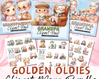 May include: A digital clipart mega bundle featuring illustrations of grandparents, a grandpa, and a grandma. The clipart includes 39 images of older adults in various poses and settings. The images are in a cartoon style and are perfect for creating projects for scrapbooking, card making, invitations, and more.