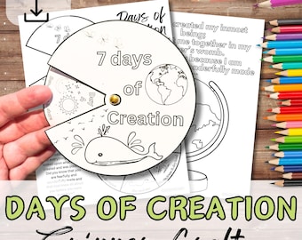 7 DAYS of CREATION Bible Spinner Craft. Bible verse Sunday School Activity. Church Youth lesson for Kids. Includes Colouring Sheet. pdf