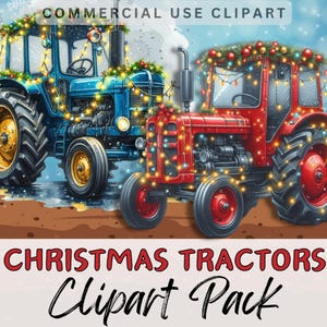 TRACTOREN met KERSTVERLICHTING Clipart Pack. Junk Journal Card Making Hoge kwaliteit transparant 300 dpi png-afbeeldingen Commercieel gebruik Clip Art