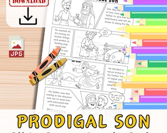 THE PRODIGAL SON Bible Comic Strip Story Coloring Page Activity for kids. Sunday School Christian. Bible Parable Verse Printable. Homeschool