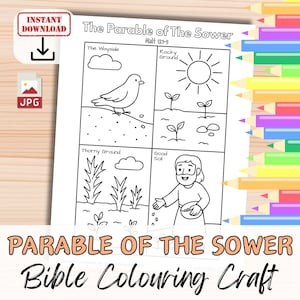 May include: Black and white line art coloring page titled "The Parable of The Sower" with four panels depicting scenes from the parable. Includes the text "Bible Colouring Craft" and "Instant Download".