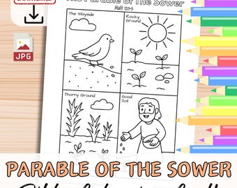 May include: Black and white line art coloring page titled "The Parable of The Sower" with four panels depicting scenes from the parable. Includes the text "Bible Colouring Craft" and "Instant Download".