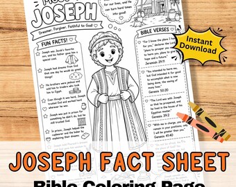 JOSEPH Fact Sheet Bible Coloring Page Activity kids - Sunday School.  Printable Jpg Craft Worksheet. Old Testament story character