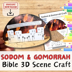 Manualidad de papel con escena 3D de la historia bíblica de SODOMA Y GOMORRA para niños de la escuela dominical, grupo juvenil o educación en casa. Kit cristiano imprimible.