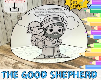 May include: A black and white printable 3D Bible scene craft featuring a cartoon illustration of Jesus carrying a lamb. The craft includes the text "I am the good shepherd. The good shepherd lays down his life for the shee..." and the title "THE GOOD SHEPHERD 3D Bible Scene Craft".