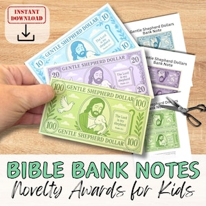 Puede incluir: Una mano sosteniendo billetes de banco novedosos "Gentle Shepherd Dollar" de colores. Los billetes presentan ilustraciones de Jesús y el texto "El Señor es mi pastor". La imagen también incluye el texto "Bible Bank Notes Novelty Awards for Kids."