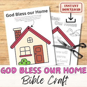 GOD BLESS Unser Zuhause Bibel Vers druckbare Handwerk Aktivität für Kinder. Wir dienen der Herrn Sonntagsschule / Kirche Jugendgruppe / Homeschool Kit