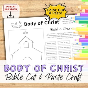 Peut inclure: Une activité de bricolage biblique imprimable "Corps du Christ". La feuille de travail en noir et blanc présente un plan d'église, avec des zones de texte pour des activités telles que "prie pour les autres" et "aide les malades".