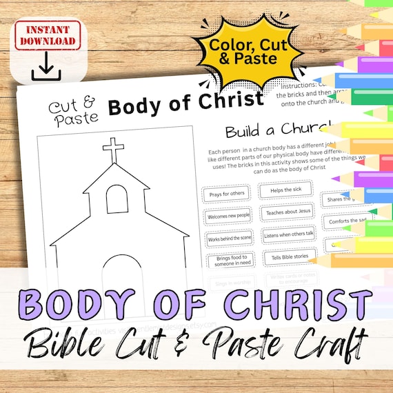 BODY OF CHRIST - Build a Church Bible Craft Activity for Kids Printable Diy Cut + Paste Kit Sunday School group/Homeschool Worksheet