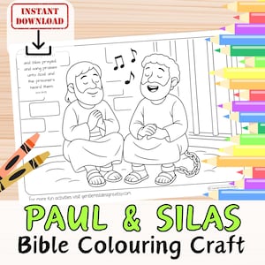 May include: Black and white Bible colouring craft featuring Paul and Silas praying and singing praises. The image includes musical notes, text, and a chain. The words "INSTANT DOWNLOAD" are at the top. Crayons are in the corner.