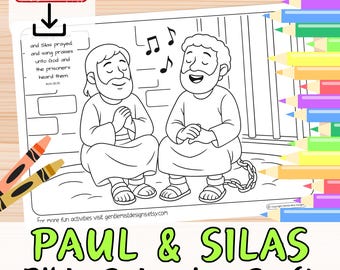 May include: Black and white Bible coloring craft featuring Paul and Silas praying and singing praises. The image includes musical notes, text, and a chain. The words "INSTANT DOWNLOAD" are at the top. Crayons are in the corner.