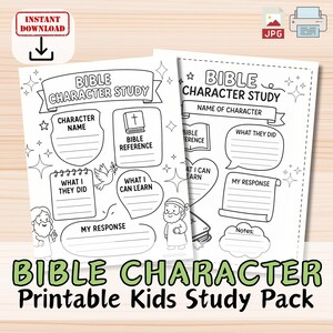 May include: Two black and white printable Bible character study sheets. Each sheet features spaces for character names, Bible references, and personal reflections. The sheets include illustrations and the text "Bible Character Study" and "Printable Kids Study Pack."