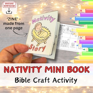 May include: A small, open Nativity Story mini book held by a hand. The cover features a baby in a manger, with the words "Nativity Story." The image includes text that says "Instant Download" and "Bible Craft Activity."