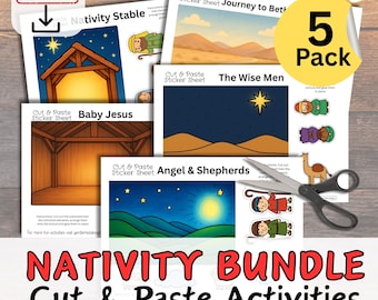 NATIVITY BUNDLE Set of 5 Cut & Paste Sticker Scene Craft | Bible Story Printable for Kids | Christmas Sunday School Activities/ Homeschool