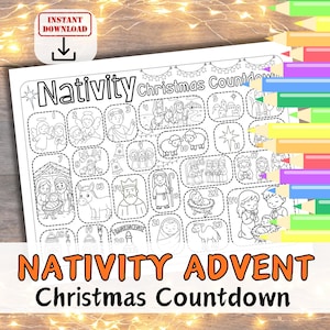 May include: Black and white Nativity Advent Christmas Countdown printable. Features illustrations of angels, the Holy Family, and other biblical figures. Includes the text "Instant Download" and "Nativity Advent Christmas Countdown".