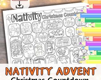 NATIVITY ADVENT CALENDAR Christmas Countdown Coloring Page DiY Activity for Kids. Church/Sunday School Printable Bible Faith Holiday Craft