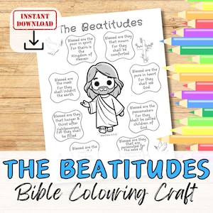 THE BEATITUDES Bible Verse Colouring Sheet Activity for kids, youth. Sunday School Lessons of Jesus Christian Printable Coloring in Craft