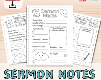 CUTE SERMON NOTES for Kids Printable Church Set Sunday School Notes & Worship Notes/ Church Youth Activity Journal Chrsitian Coloring Page