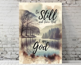 May include: A watercolor painting of a lake with trees reflected in the water. The text "Be still and know that I am God, Psalm 46:10" is written on the image.