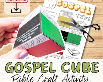 May include: A printable craft activity for kids to make a gospel cube. The cube has six sides with different bible verses and words like "sin", "grow", "blood", "clean", and "gold".