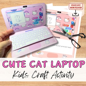 Può includere: Attività di artigianato stampabile per bambini per creare un adorabile laptop rosa con un gatto. La stampabile presenta un laptop rosa con un design a gatto, una tastiera e uno schermo con un disegno di gatto. La stampabile include anche una tasca segreta.