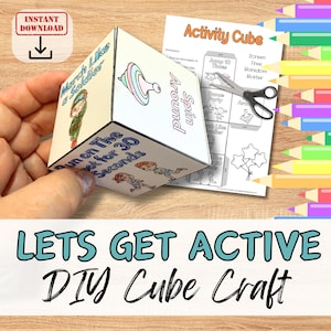 May include: A printable activity cube craft for kids. The cube has six sides with different activities to do, such as "Jump 10 Times", "Dance Party", "March Like a Soldier", "Run on the Spot for 30 Seconds", "Spin Around", and "Screen Free Boredom Buster".